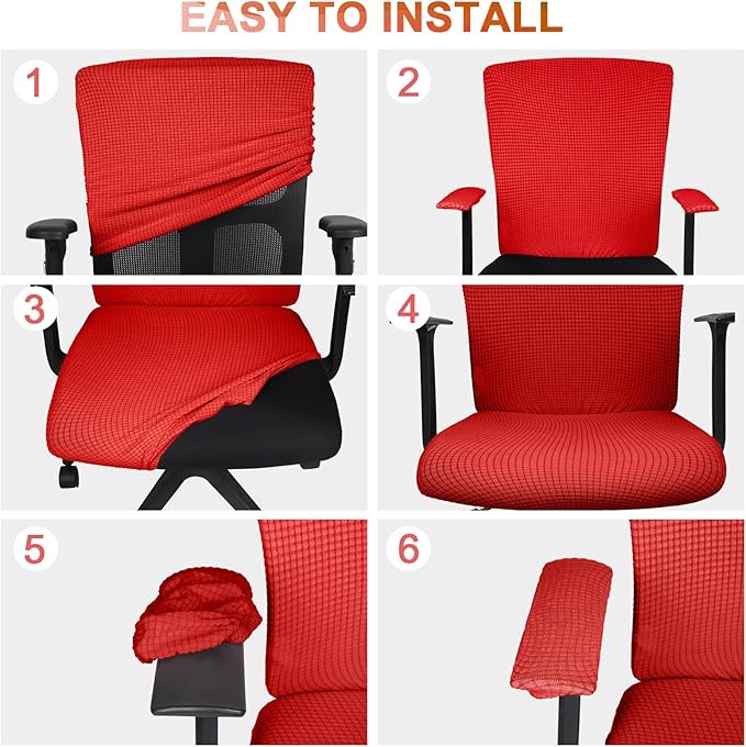 Tallew 4 Pcs Office Chair Covers Set Computer Universal Protective Stretchable Chair Seat Covers Desk Armrest Slipcovers Pads Office Cushion Backrest for Rotating (XL,Red)