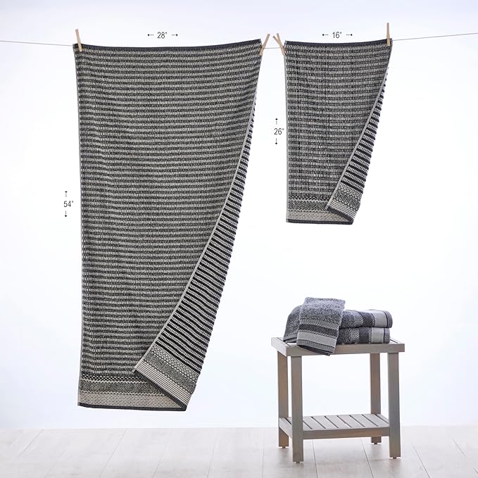 SKL Home Lewis 100% Cotton Premium 2-Piece Hand Towel Set, 600 GSM, Reversible Jacquard, Soft & Absorbent, Decorative for Bath/Kitchen/Bar & Gift, Black