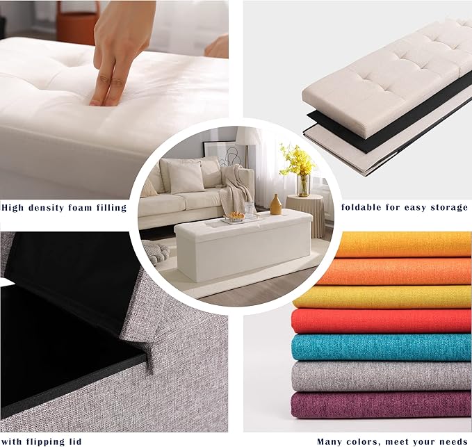 CUYOCA Shoe Storage Ottoman Foldable Seat Footrest Tufted Bench End of Bed Storage with Flipping Lid, 166L Storage Upholstered , Linen Fabric Beige, 45.3 Inches