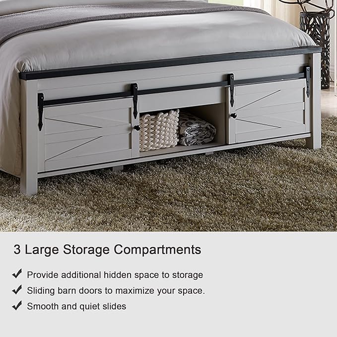JXQTLINGMU Farmhouse Queen Size Bed Frame with 47" Tall Headboard, Wood Queen Bed Frame with Storage Cabinet, Solid Wood Slats Support, Noiseless, No Box Spring Needed (Antique White)