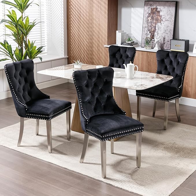Luxury Upholstered Dining Chairs Set of 8, Black Kitchen Chair with Silver Metal Legs, Velvet Tufted Back Dining Chair, Sillas de Comedor, Modern Kitchen & Dining Room Chairs (Black, 8 Pcs)
