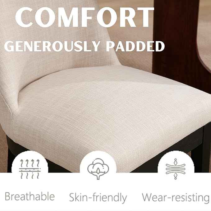Modern Dining Chairs Set of 2 Comfortable Dining Room Chairs with Back, Linen Fabric Upholstered Kitchen Side Chair with Black Wood Legs for Living Room, Beige