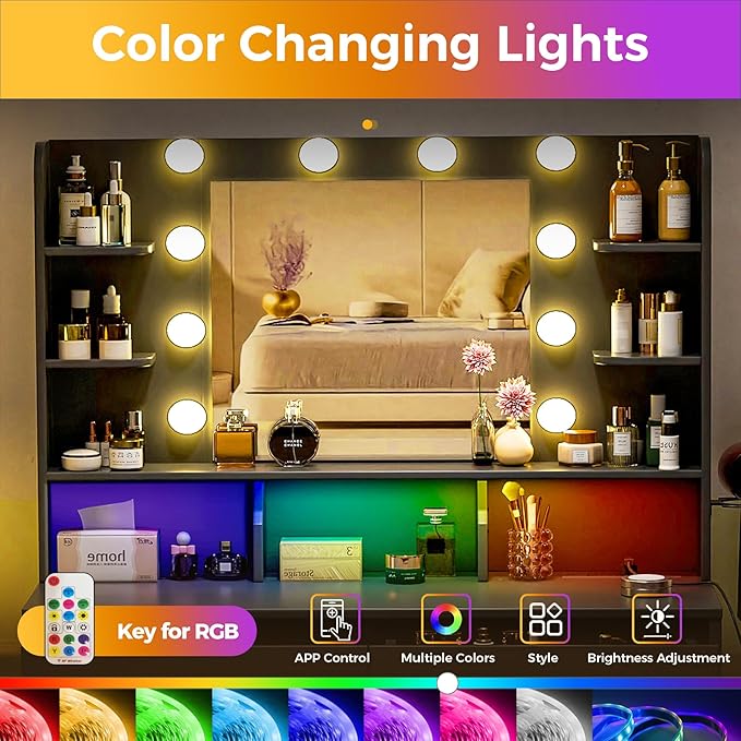COMHOMA Vanity Desk with Lighted Mirror and Power Outlet, RGB LED Lights Makeup Vanity Set for Girls, Large Storage Capacity Dressing Table for Bedroom, 3 Lighting Modes Adjustable Brightness, Black