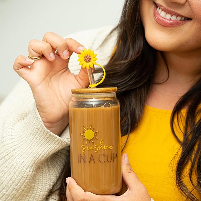 Sunflower Gifts for Women - Glass Tumbler with Lid and Straw, Customized Straw Stopper and Cup Sleeve. Aesthetic Unique Design Iced Coffee Gift Cup for Mom, Teacher, Friend