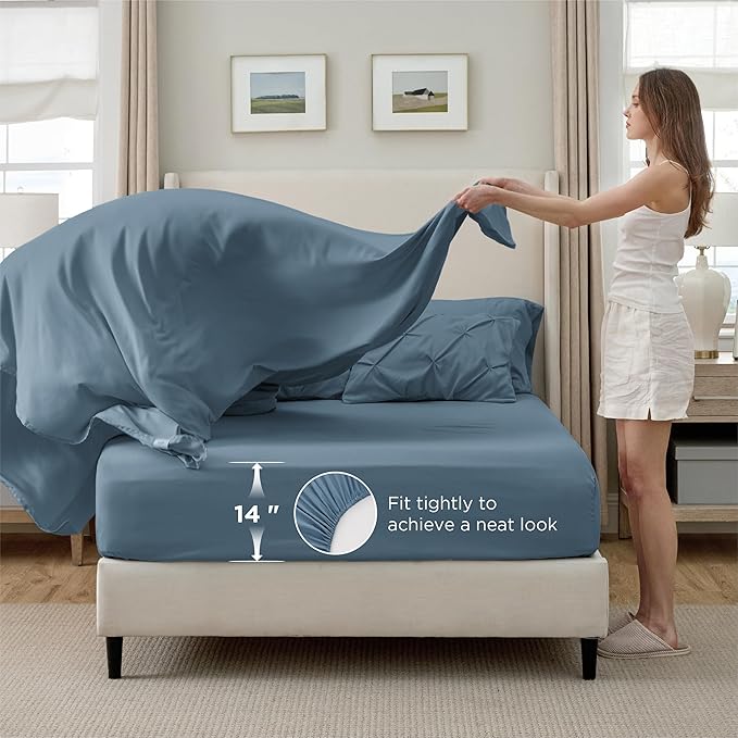 Bedsure California King Comforter Set Mineral Blue - Bed in a Bag Cal King Bedding Set 7 PCS, GentleSoft™ Pintuck Bed Set Gift for Family, Pinch Pleat Blue Comforter with Sheets, Pillowcases & Shams