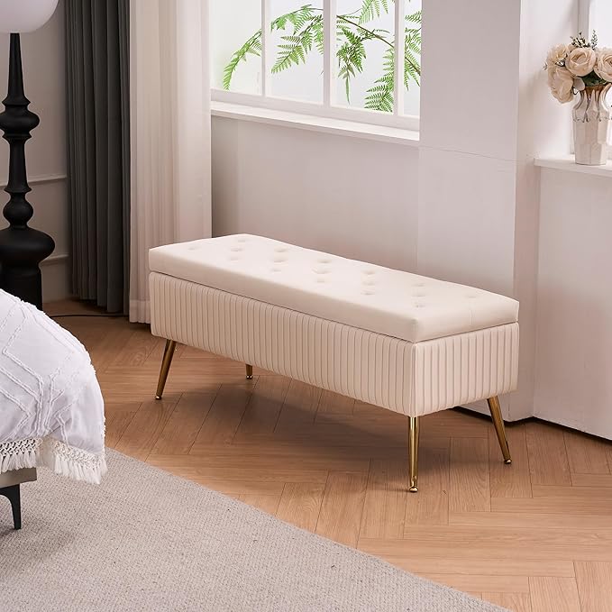 Velvet Storage Bench for Bedroom, Rectangle Upholstered End of Bed Bench Modern Tufted Ottoman with Gold Legs for Living Room/Window/Entryway (Ivory-45.5" W)