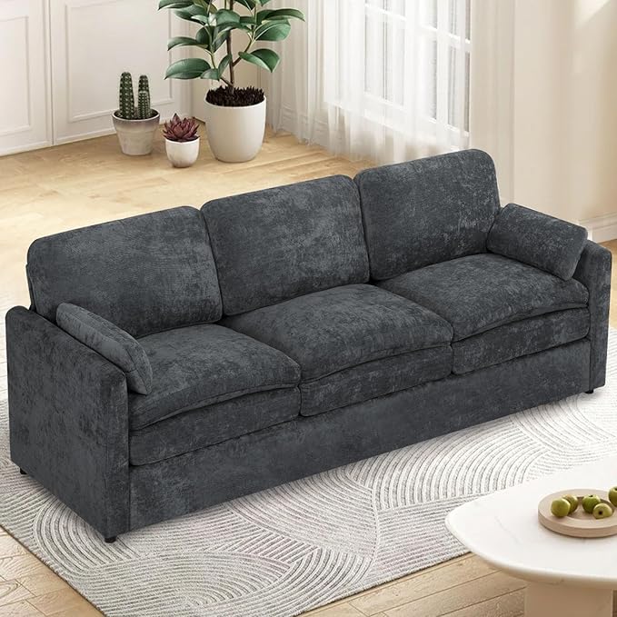 89” Chenille Sofa w/Arm Pillows, Upholstered 3-Seater Sofa w/Comfortable Back Cushions, Modern 3 Seats Couch w/High-Density Foam for Living Room, Apartment, Office, Grey