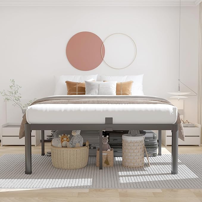 ROIL 16 Inch King Bed Frame with Rounded Corner and Headboard Hole Mattress Retainers 3500LBS Metal Heavy Duty Steel Slats No Box Spring Needed Platform Noise-Free Easy Assembly