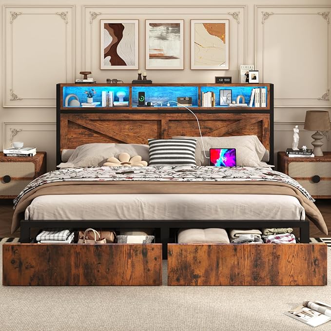 Farmhouse King Bed Frame with Bookcase Storage Headboard, Charging Station, LED Light and 2 Storage Drawers, Noise Free, No Box Spring Needed, Brown