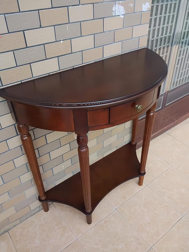Solid Wood Console Table with Drawer, Semi-Circle Entryway Storage Shelf, Half-Moon Porch Table Side Elegant Vintage Sofa for Living Room (Walnut-Colored (35.4" L x 15.0" W x 34.4" H))