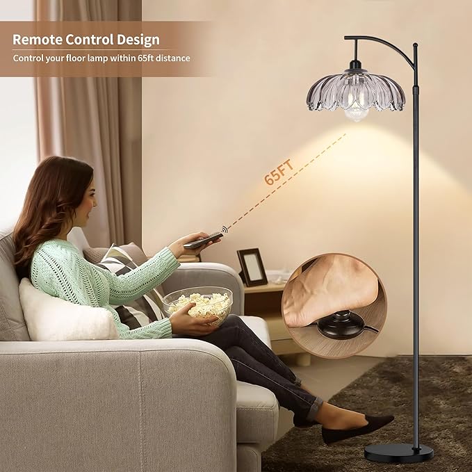 Arc Floor Lamps for Living Room with Remote,Black Dimmable Floor Lamp with Gray Glass Shade,Unique Vintage Flower Standing Tall Lamp,Modern Mid Century Floor Lamps for Bedroom Office Corner