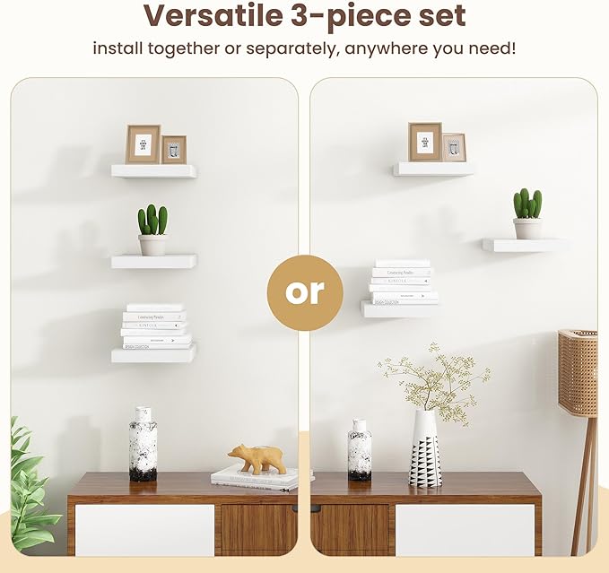 Fun Memories Floating Shelves for Wall - 9.3 Inch Square Shelves with Invisible Brackets, White Small Wall Shelf for Living Room, Bathroom, Bedroom, and Kitchen Decor，Set of 4