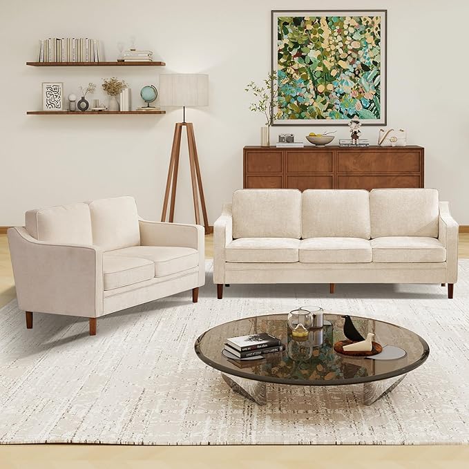 Kingfun Living Room Furniture Sets, 3 Seater Couch and Loveseat, Mid Century Modern Sofa Set, Chenille Couch with Solid Wood Frame for Living Room & Bedroom, Beige