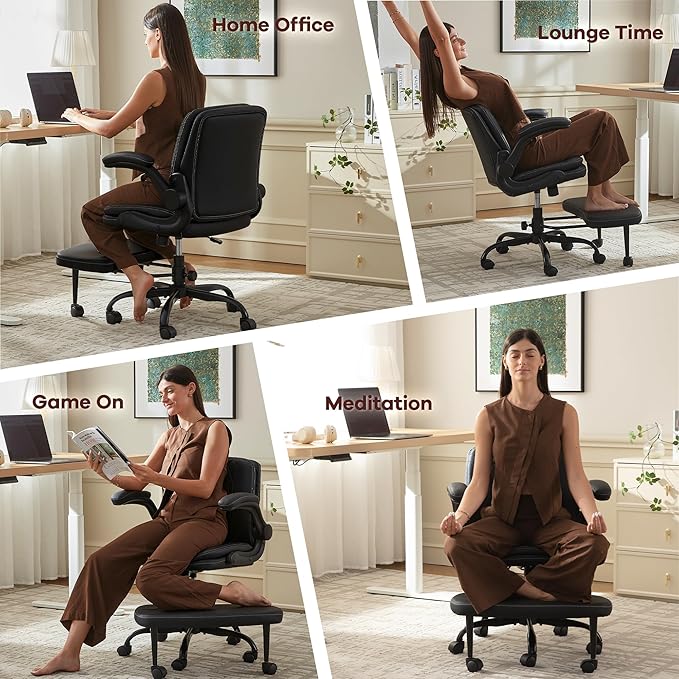 Cross Legged Office Chair: ADHD Criss Cross Desk Chair with Wheels & Stretchable Rotating Footrest - Height Adjustable Wide Yoga Kneeling Meditation Chair with Flip-up Armrests Back Support