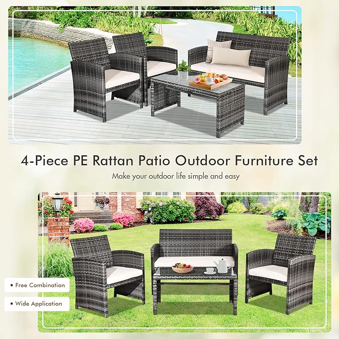 Goplus 4-Piece Rattan Patio Furniture Set, Outdoor Wicker Conversation Sofa with Weather Resistant Cushions and Tempered Glass Tabletop for Lawn Backyard Pool Garden (Beige)