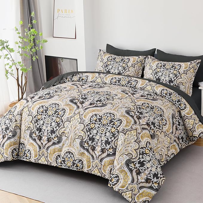 Drucon Boho Paisley Comforter Set King Size, 7 Pieces Bed in a Bag Black Gold Comforter Set, Soft Lightweight Bedding Set (1 Comforter, 1 Flat Sheet, 1 Fitted Sheet, 2 Pillow Shams, 2 Pillowcases)