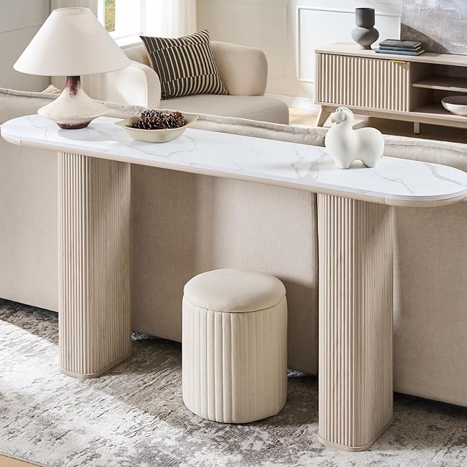 OKD 63" Modern Console Table with Arc Marble Texture Top, Fluted Wood Base, Contemporary Entryway Sofa Table for Living Room, Hallway, Foyer, White Alder