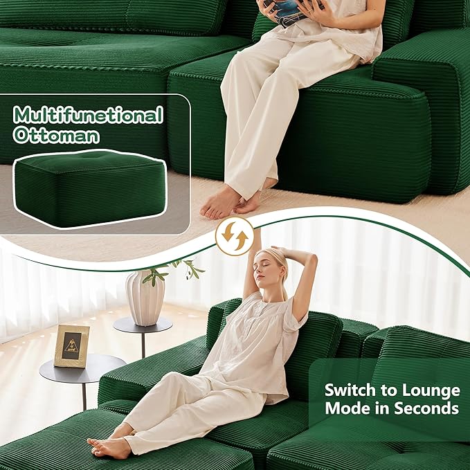 150.4'' Sectional Sofa, 32D Foam Corduroy Boneless Couch with Pillow, Deep Seat Wide Arm Sectional U Shaped Couch for Living Room, Apartment, Bedroom