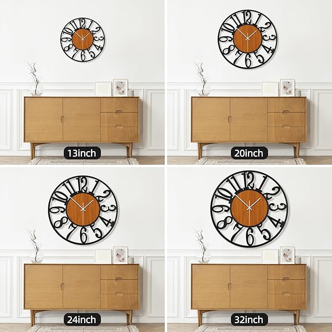 Maxstar Round Wall Clock for Living Room Decor Battery Operated Non Ticking Black Metal Wood Clocks for Home Living Room Garden Office Kitchen Decoration -13 inch