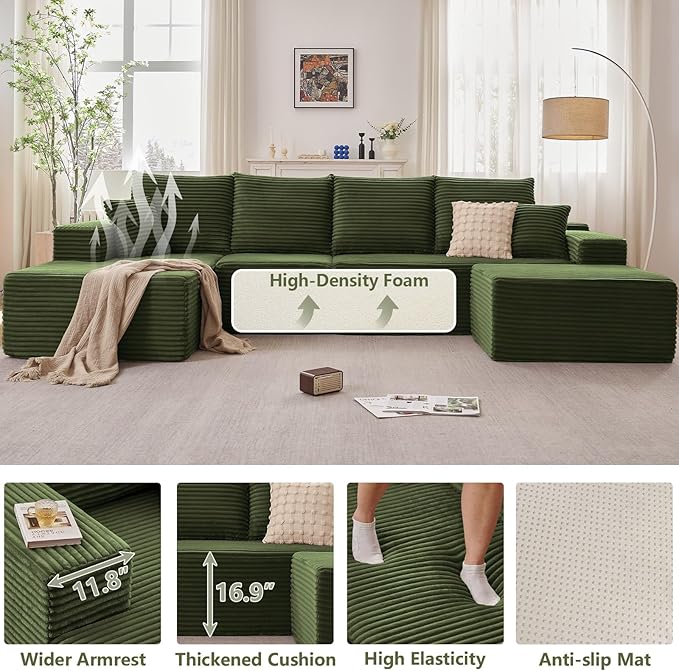 135" L-Shape Sofa with Ottoman, Modern Modular Sectional Comfy U-Shape Cloud Couch, Deep Seat, Upholstered Corduroy Sleeper Chaise Longue for Living Room Bedroom, No Assembly Required, Green