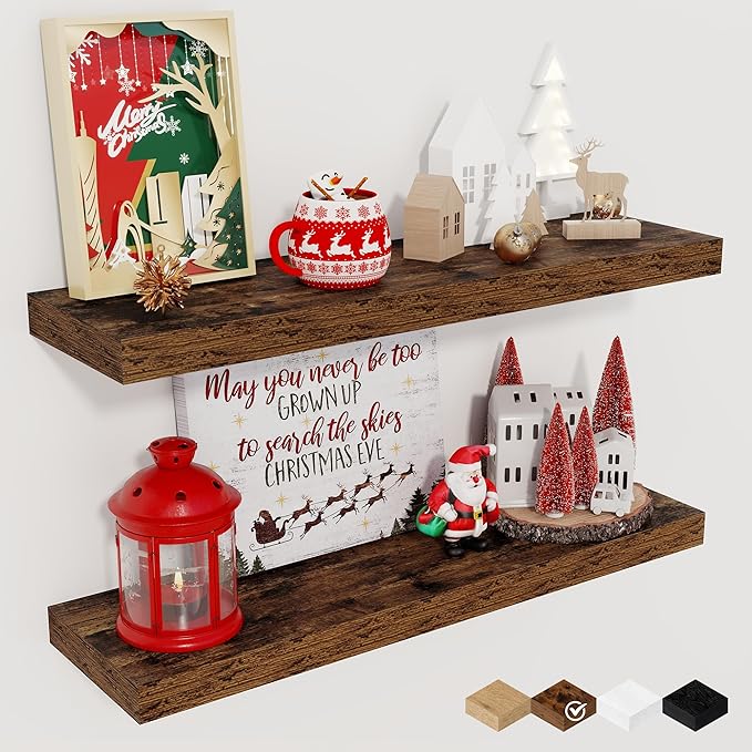 Fun Memories Floating Shelves for Wall, 24" Rustic Wood Deep Wall Mounted Shelves with Invisible Brackets for Decor & Storage, Floating Shelf for Living Room, Bathroom (Rustic Brown, Set of 2)