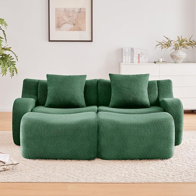 Green Modular Cloud Couch Loveseat with 2 Ottomans, Modern Teddy Fabric Boneless Sectional Sofa in a Box for Living Room, Deep Seat Floor Couch, No Assembly Required, Sofas para Sala