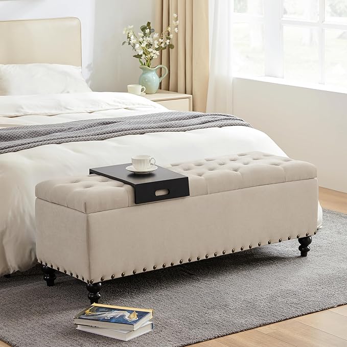 HUIMO 51-inch Storage Ottoman Bench with Removable Tray, Bedroom Bench with Button-Tufted, Safety Hinge Ottoman in Upholstered Fabrics, Large Long Bench for Living Room, Bedroom (Beige)