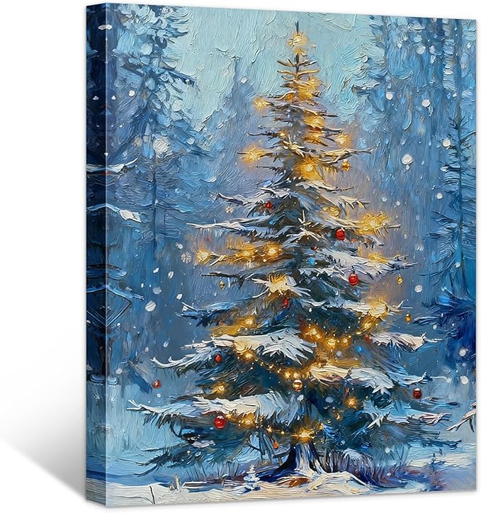 Framed Christmas Pictures Wall Decor,Vintage Pine Tree Prints,Winter Christmas Canvas Wall Art Decoration for Bedroom Bathroom Living Room Rustic Xmas Holiday Gifts (Christmas Tree 1, 12'' X 16'')