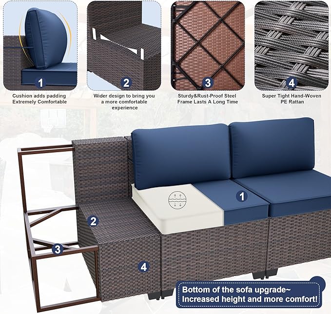 Kurapika 15 Pieces Patio Furniture Set, Rattan Wicker Outdoor Conversation Sets w/43in Propane Fire Pit Table and 4 Inch Cushion(Navy Blue)