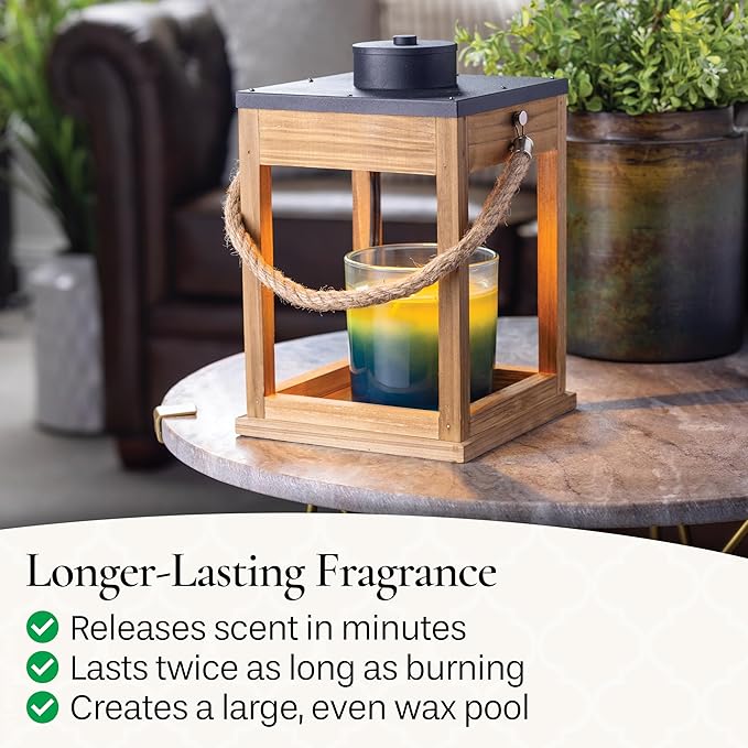 Candle Warmers Etc. Wood & Rope Candle Warmer Lantern – for Top-Down Warming & Flame-Free Fragrance