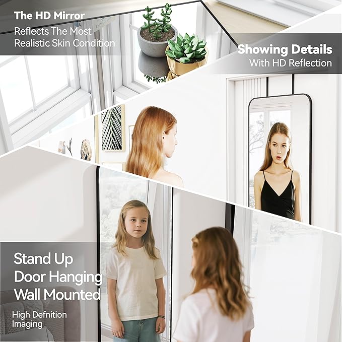 57x20 Door Hanging Full Length Mirror, Floor Stand (Height 5.7ft just Body in1.3ft) Wall Mounted Metal Frame Rectangle Dressing Mirrors for Bedroom Living Room 57 inch Black