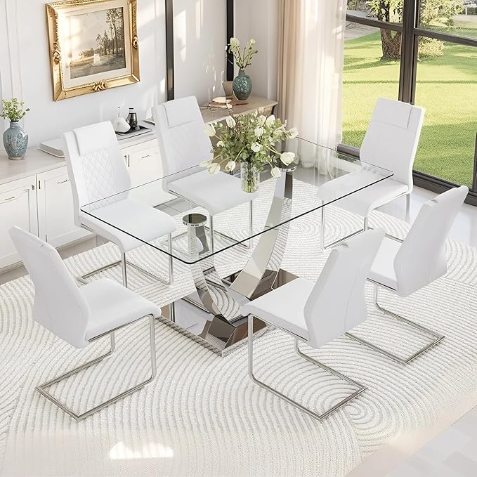 AZmac 63” Glass Dining Room Table Set for 6, Modern Kitchen Table and Chairs Set of 6, Dining Sets with Rectangular Tempered Glass and Sturdy Silver Chrome Base, for Kitchen Home