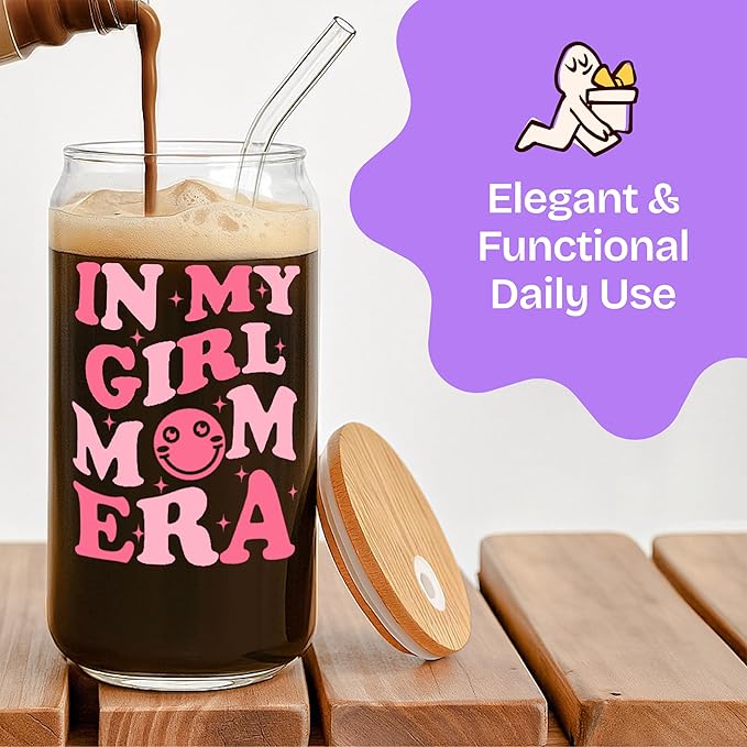 KLUBI New Girl Mom Gifts - In My Girl Mom Era Cup Glass 16oz Birthday, Christmas, Expecting Soon To Be Mum Mama Baby Shower Gifts, Pregnancy, Mothers Day
