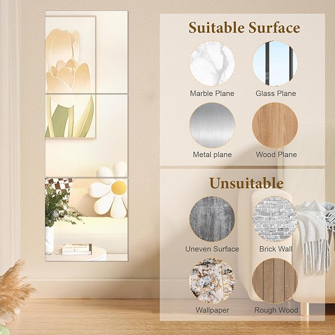 DARENYI 18x18 in Acrylic Mirror Sheet for Wall, 2.5mm Thick Unbreakable Non Glass Body Mirror Tile Self Adhesive Mirror Stickers Rectangular Wall Mirror for Bathroom Bedroom Home Gym Door Decor