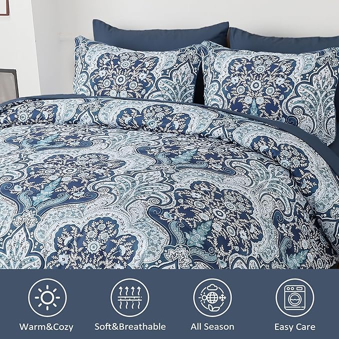 Drucon Paisley Comforter Set Queen Size, 7 Pieces Bed in a Bag Blue Boho Comforter, Soft Lightweight Microfiber Bedding Set (1 Comforter, 1 Flat Sheet, 1 Fitted Sheet, 2 Pillow Shams, 2 Pillowcases)