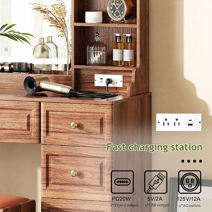 43" Makeup Vanity Desk with Mirror and Lights, & Power Outl, Glass Top Big Vanity Table with 9 Drawers& 8 Storage Shelves, Dressing Table Set with Chair for Bedroom, Brown