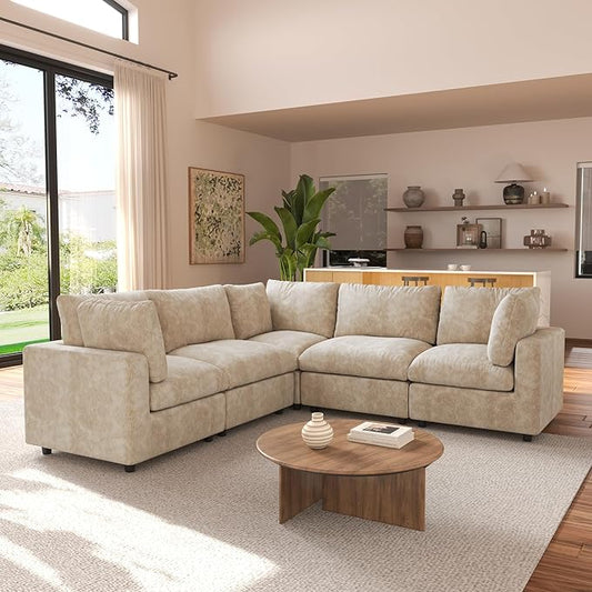 JACH V Shape Sectional Couches for Living Room, Deep Seat Convertible Modular Sofa, Cloud Sectional Couch, Sofa Covers Washable, Minimalist Couch for Living Room, Apartment, Khaki