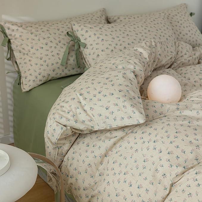 Vintage Style Duvet Cover Queen 100% Cotton Green Floral Print Duvet Cover Flower Botanical Bedding Sets Cottagecore Floral Comforter Cover 1 Queen Floral Duvet Cover with 2 Bowknot Pillowcases