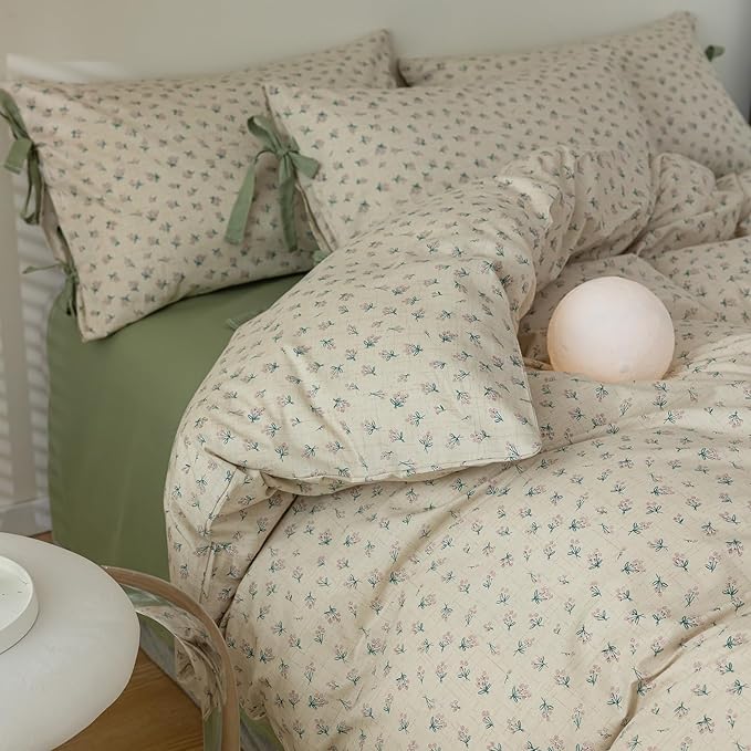 LifeTB Vintage Floral Duvet Cover Full Garden Style Aesthetic Green Flower Comforter Cover with Zipper Closure Boho Cottagecore Duvet Cover Botanical Cotton Comforter Cover with 2 Bowknot Pillowcases
