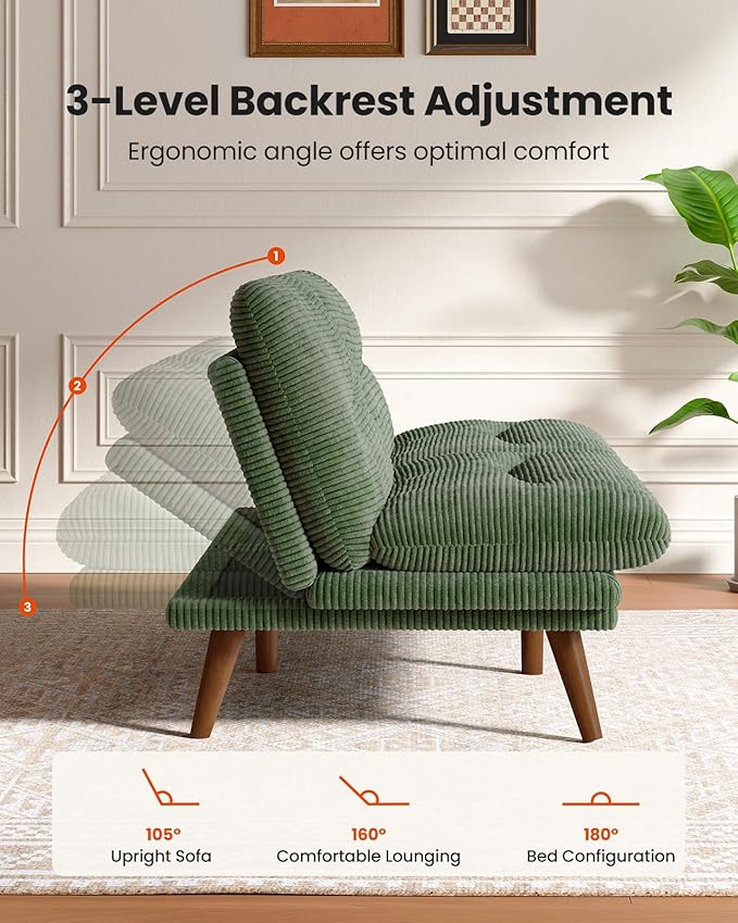 Amada 75" Convertible Futon Sofa Bed, Corduroy Folding Futon Set with Adjustable Backrest &Armrests, Recliner Lounge for Living Room, Apartment or Office, Solid Wood Frame, Loveseat Sofa -Forest Green