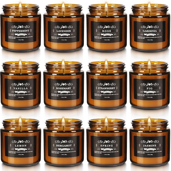 Scented Candle Set 12 Pack, Candle for Home Scented, Odor Eliminating, Stress Relief, Long Lasting Soy Wax Gift Set