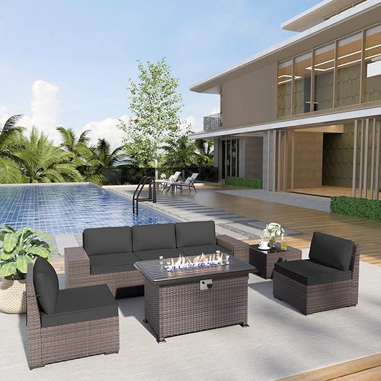 Kurapika 7 Pieces Patio Furniture Set, Rattan Wicker Outdoor Conversation Sets w/43in Propane Fire Pit Table and 4 Inch Cushion(Black)