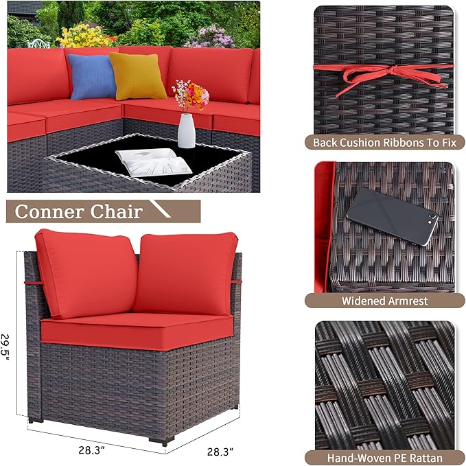 Kurapika 13 Pieces Patio Furniture Set, Rattan Wicker Outdoor Conversation Sets w/43in Propane Fire Pit Table(Red)