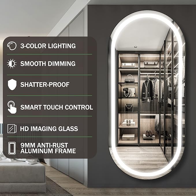 FENNIO Full Length Mirror with Lights, 70"x32" LED Full Body, Wall Mounted Hanging Mirror for Bedroom, Salon, 3-Color Lighting, Brushed Aluminum Frame [Tempered Glass]
