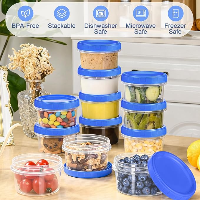 24 Pcs 8 oz Plastic Containers with Screw Lids, Reusable Clear Food Storage Containers with Pen and Brush for Snack Salad Fruit, Freezer Storage Containers, Microwave & Dishwasher Safe