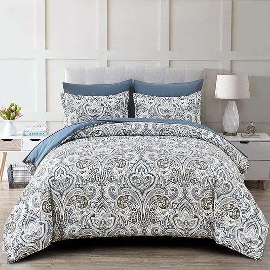 Drucon Blue Paisley Comforter Set Full,7 Pieces Bed in a Bag Comforter Boho Paisley Pattern Bedding Set Soft Microfiber(1 Comforter,1 Flat Sheet, 1 Fitted Sheet,2 Pillowcases, 2 Pillow Shams)