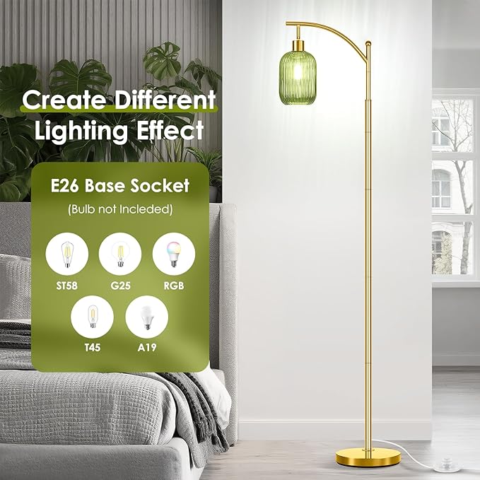 Glass Floor Lamp for Living Room, Modern Green Standing Lamp with Ribbed Glass Lampshade Pedal Switch, 67” Tall Lamp for Bedroom Study Room