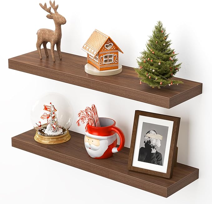 Heimlove 24 Inch Floating Shelves for Wall,Mounted Storage Wood Shelves with Invisible Brackets Hanging Shelf for Bedroom,Living Room,Kitchen,Office,Set of 2,Walnut Color