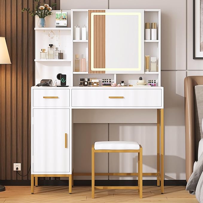 IDEALHOUSE Vanity Desk with Mirror and Lights, 42.5" Makeup Vanity Set with Stool, Makeup Table with Mirror Cabinet and Chair, Drawers & Shelves, Dressing Table with Outlet for Bedroom, White
