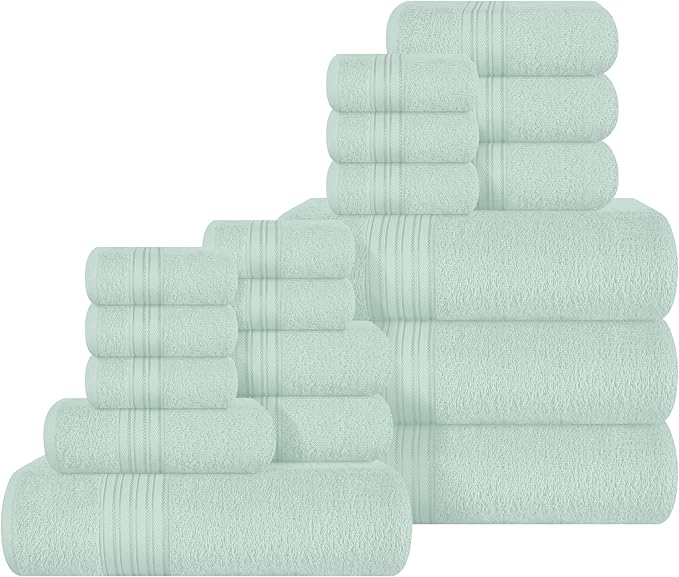 BOUTIQUO 100% Cotton Towel Set, Contains 4 Soft Bath Towel, 6 Hand Towels, 8 Wash Cloths - Compact Absorbent Lightweight & Quickdry Towels for Bathroom - 18 Piece Bathroom Towel Set - Sea Green
